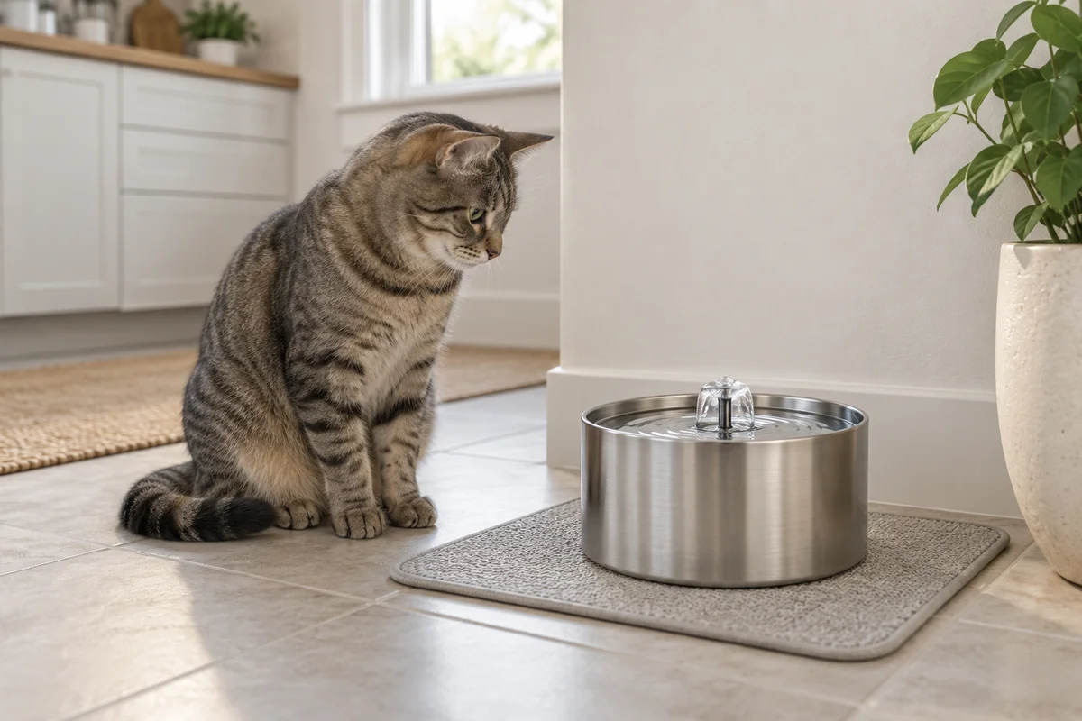 A tabby cat sitting beside a small steel drinking fountain on a kitchen mat