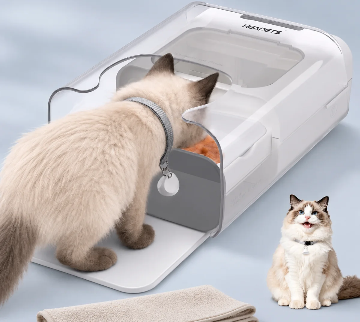 White HEAPETS RFID collar-tag feeder with clear protective hood